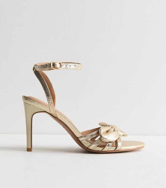 New Look Women's Wide Fit Gold Cracked Faux Leather Bow Strap Sandals Vegan New Look - 2