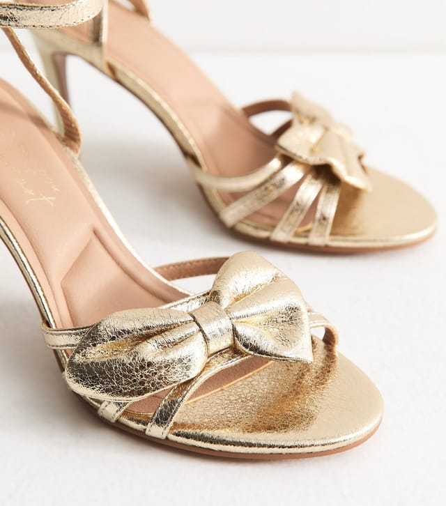 New Look Women's Wide Fit Gold Cracked Faux Leather Bow Strap Sandals Vegan New Look - 3