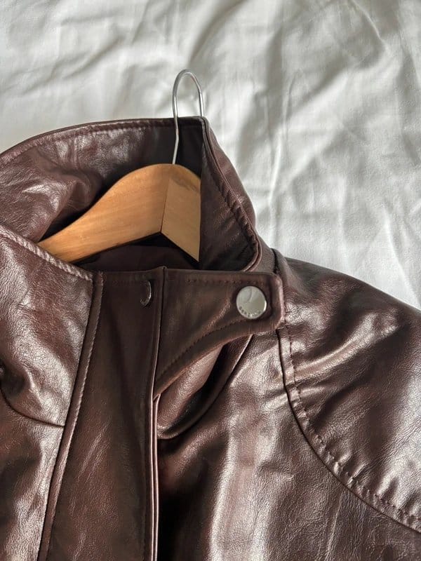 Bershka Brown Faux Leather Funnel Neck Bomber Jacket