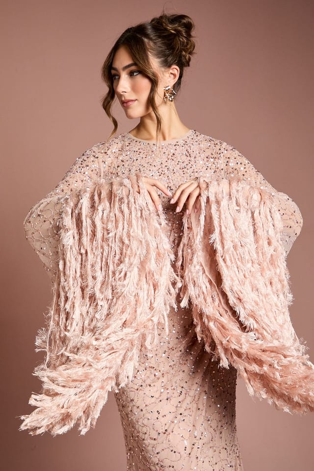 Coast Coast Women's Sequin Embellished Feather Trim Black Tie Maxi Dress in Blush - 2