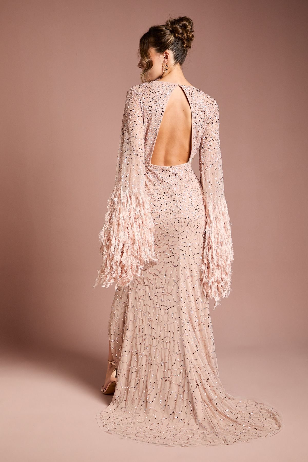 Coast Coast Women's Sequin Embellished Feather Trim Black Tie Maxi Dress in Blush - 3