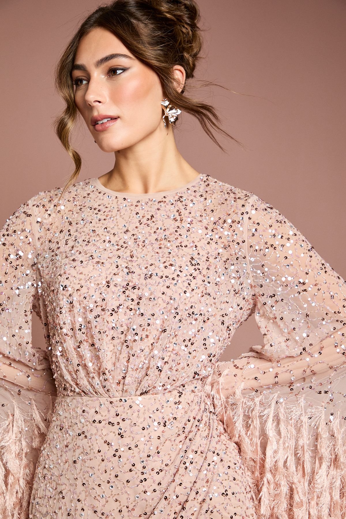 Coast Coast Women's Sequin Embellished Feather Trim Black Tie Maxi Dress in Blush - 4