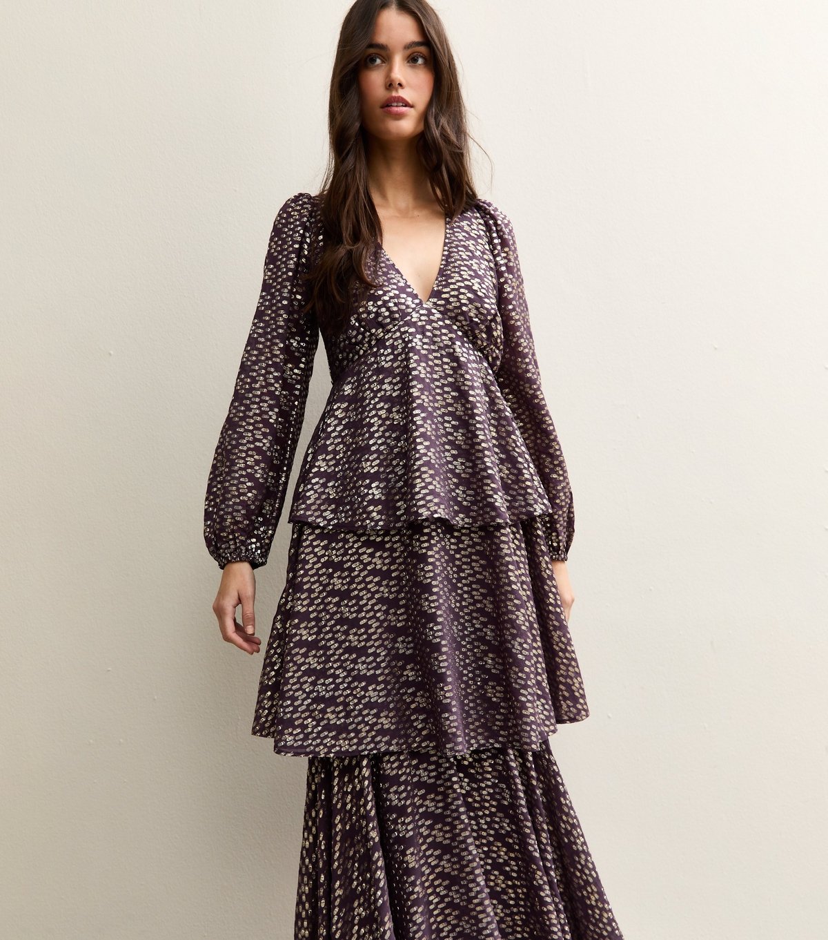 New Look Women's Purple Metallic Jacquard Tiered Maxi Dress New Look - 1