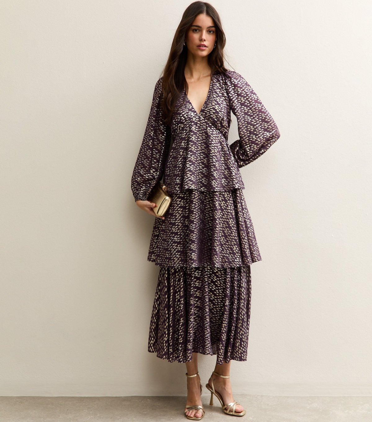 New Look Women's Purple Metallic Jacquard Tiered Maxi Dress New Look - 3