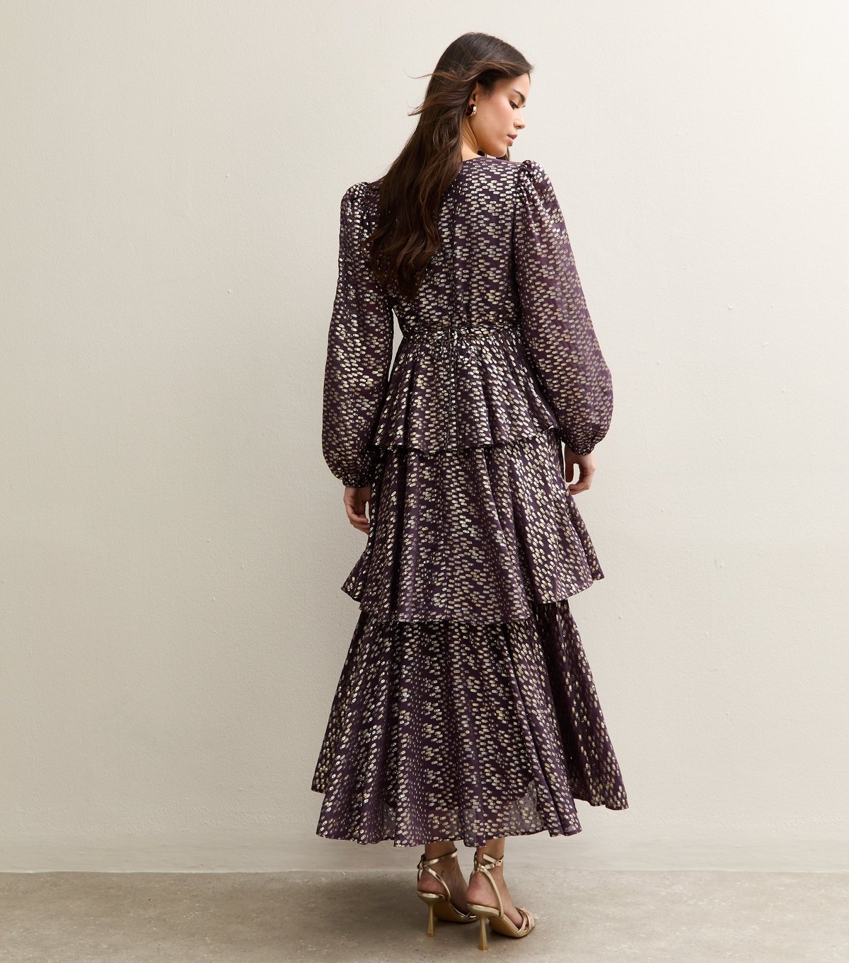 New Look Women's Purple Metallic Jacquard Tiered Maxi Dress New Look - 4