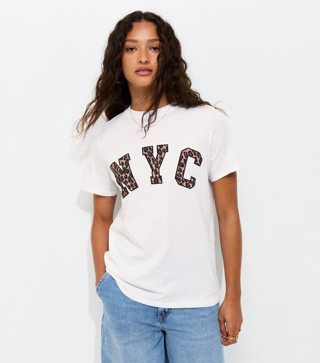 New Look Women's White Cotton Leopard Print NYC Logo T-Shirt New Look - 3