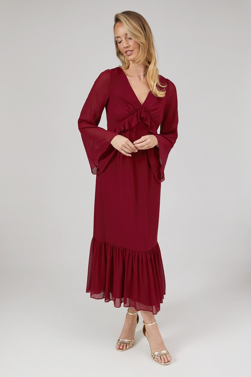 Debut London Debut London Women's By Coast Kimono Sleeve Tiered Hem Georgette Midi Dress in Oxblood - 2