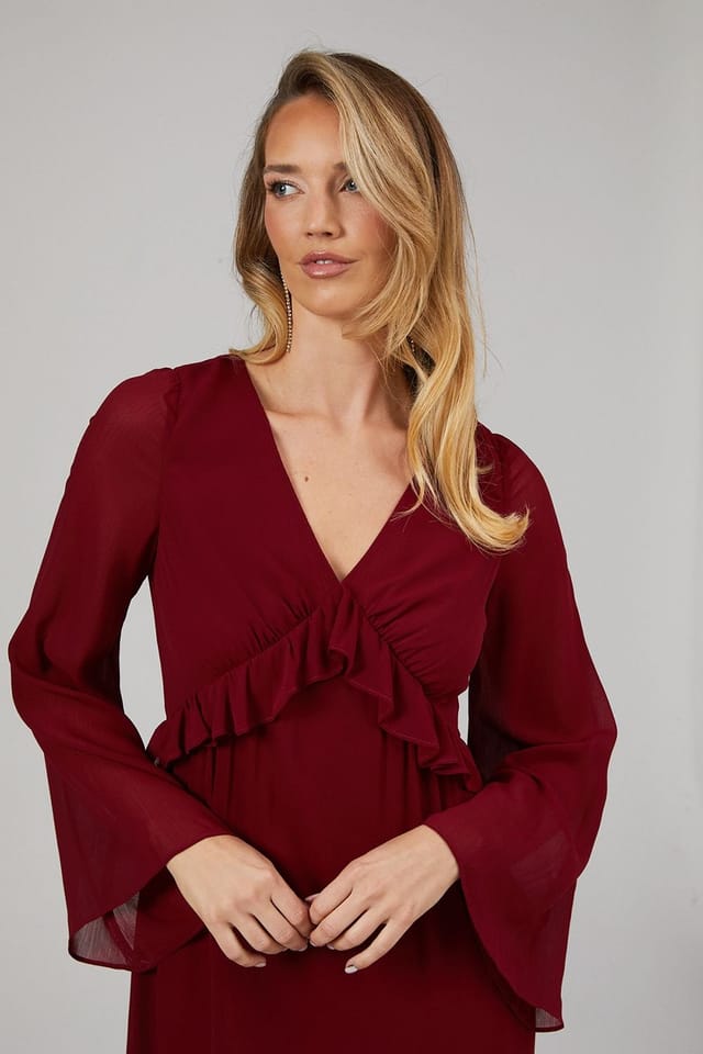 Debut London Debut London Women's By Coast Kimono Sleeve Tiered Hem Georgette Midi Dress in Oxblood - 2
