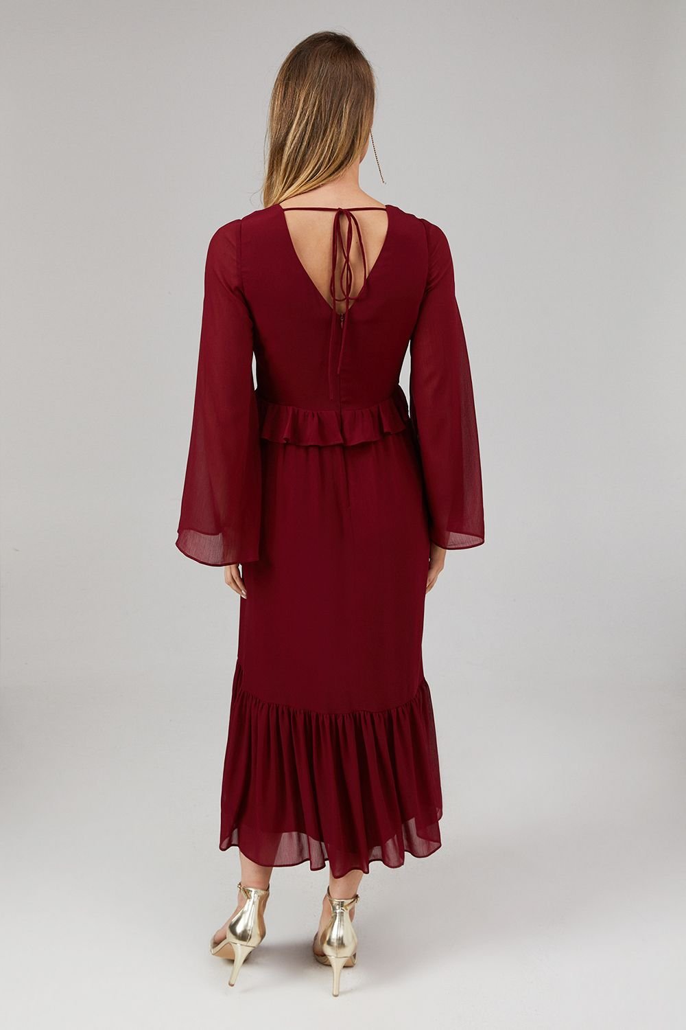 Debut London Debut London Women's By Coast Kimono Sleeve Tiered Hem Georgette Midi Dress in Oxblood - 3