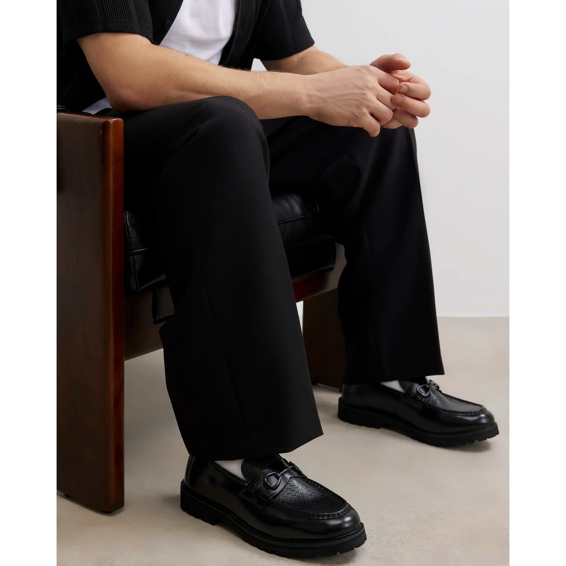 River Island Mens River Island Black Faux Leather Monogram Loafers