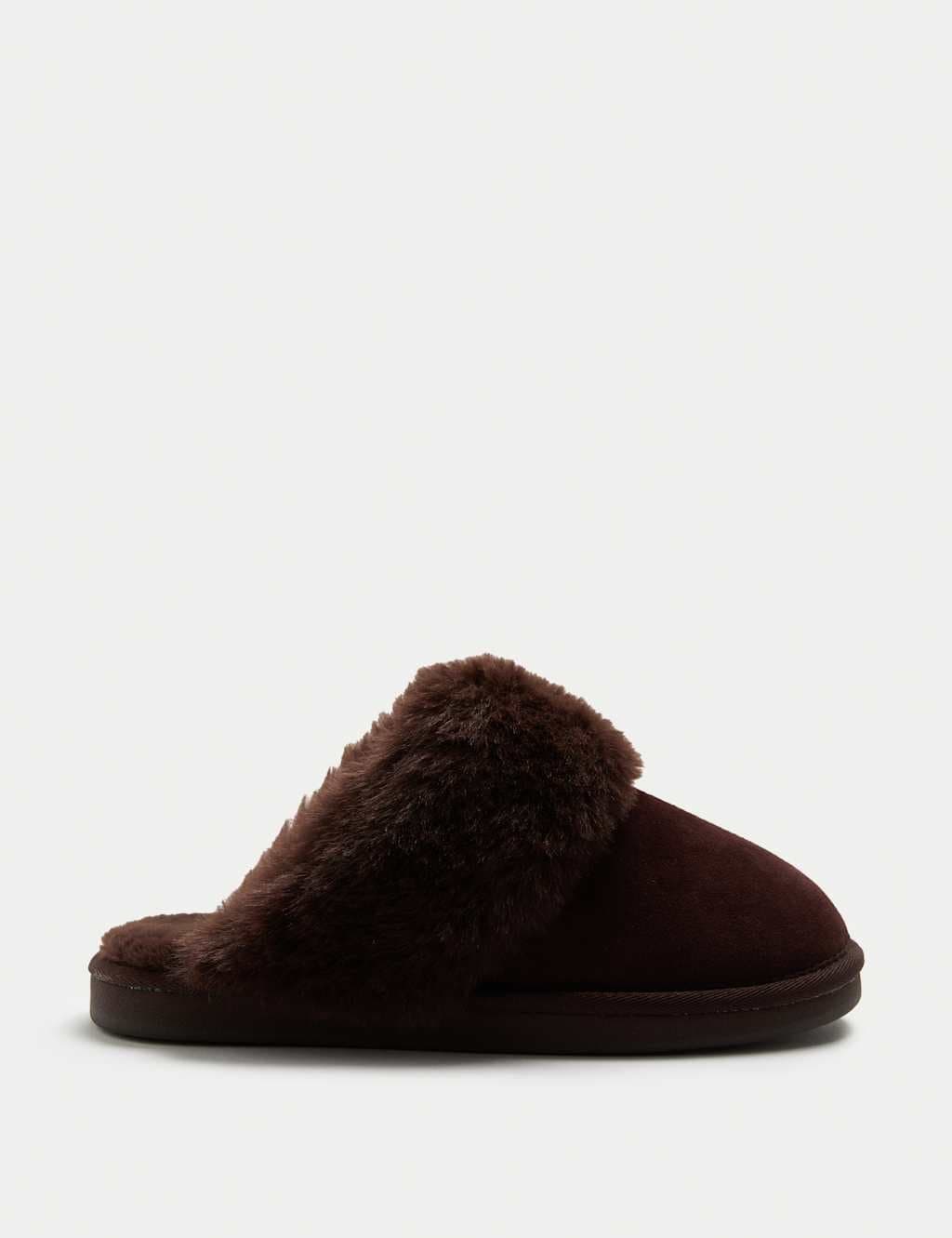 Marks & Spencer M&S Chocolate Suede Faux Fur Trim Mule Slippers
