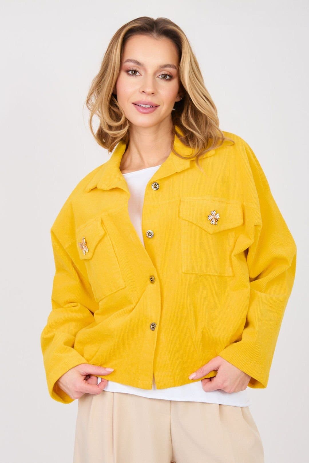 Love Lace Love Lace Women's Modern Corduroy Bomber Jacket with Brooches in Yellow