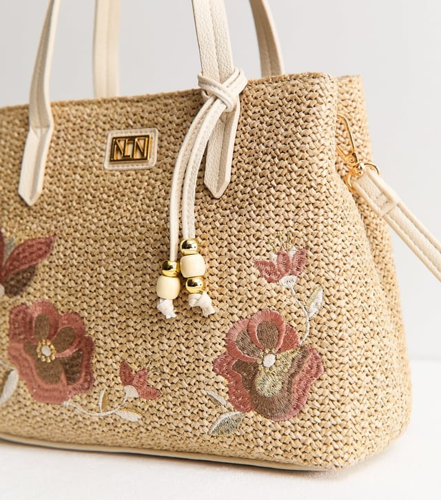 New Look Oatmeal Woven Floral Embroidered Tote Bag New Look - 3