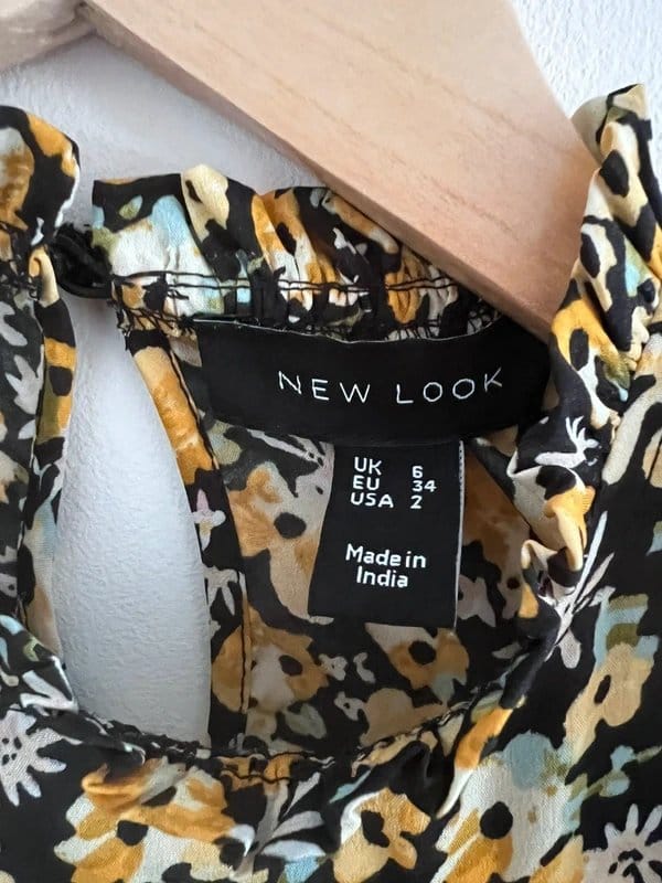 New Look Floral Puff Sleeve Blouse Size 6 Black Mustard Print