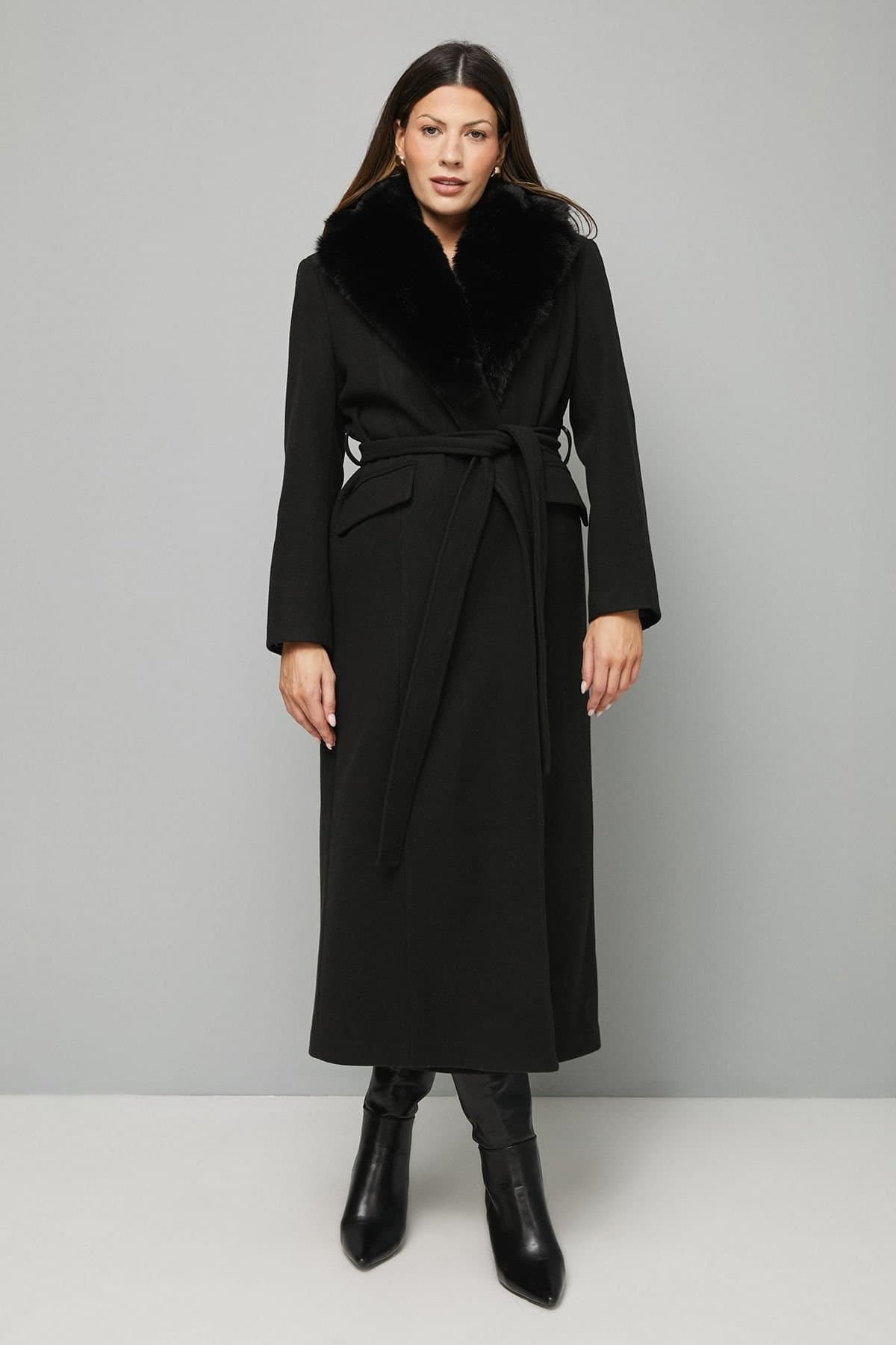 Wallis Wallis Women's Faux Fur Collar Tie Belt Coat in Black