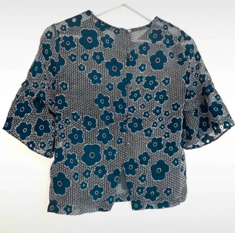 River Island 🌸 River Island Blue Floral Sheer Blouse Top Y2K Retro Print UK 6