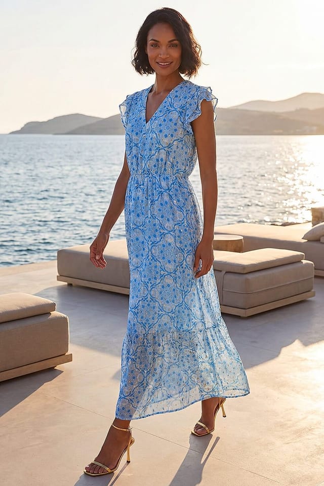 Dusk Dusk Women's Tile Shimmer Frill Maxi Dress in Blue - 2