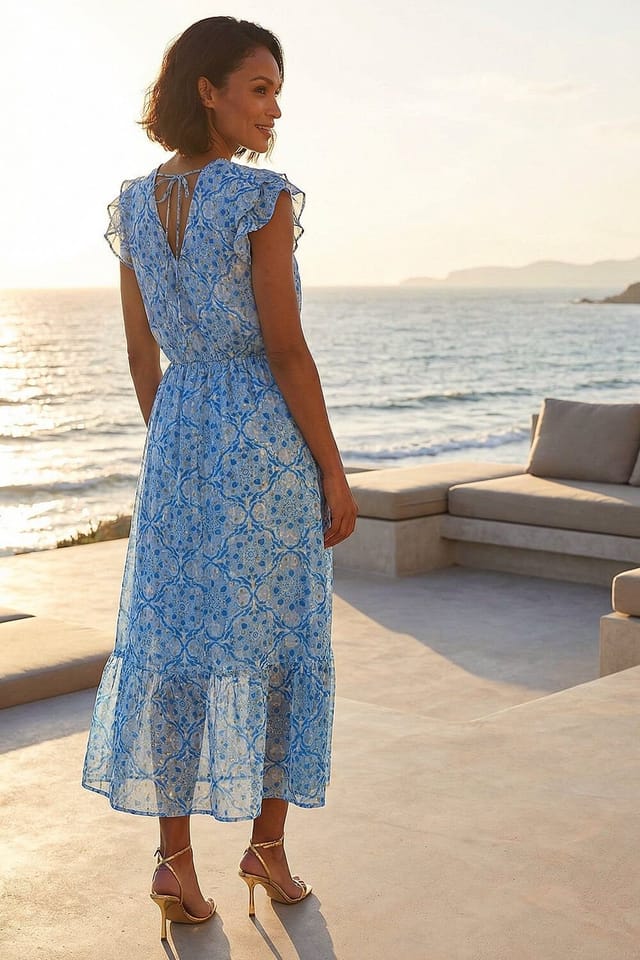 Dusk Dusk Women's Tile Shimmer Frill Maxi Dress in Blue - 3