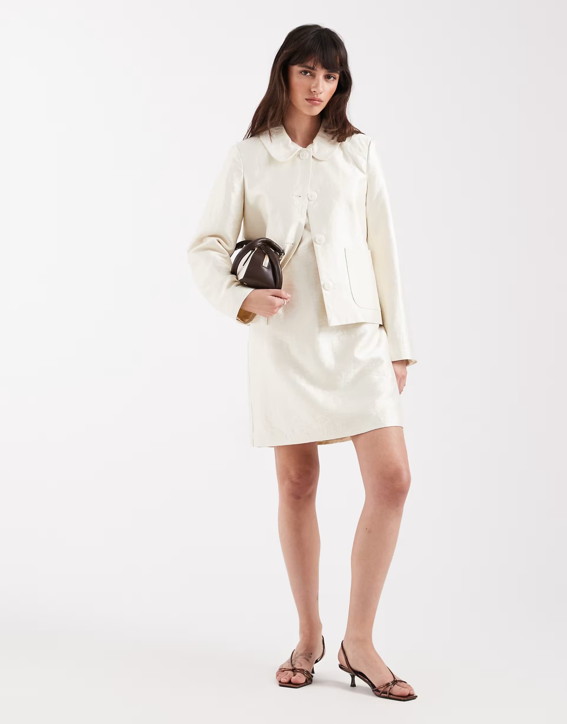 ASOS AWARE pocket front short jacket and scoop neck mini dress in white shimmer