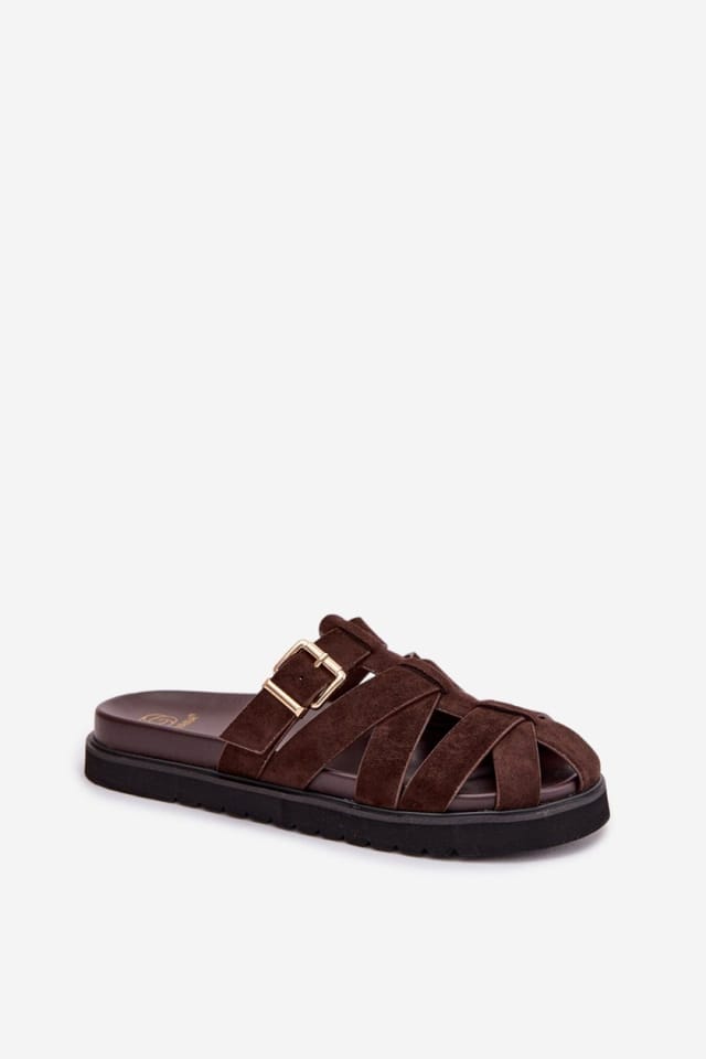Love Lace Love Lace Women's Comfortable Stylish Suede Platform Flip Flops with Gold Buckle in Brown - 2