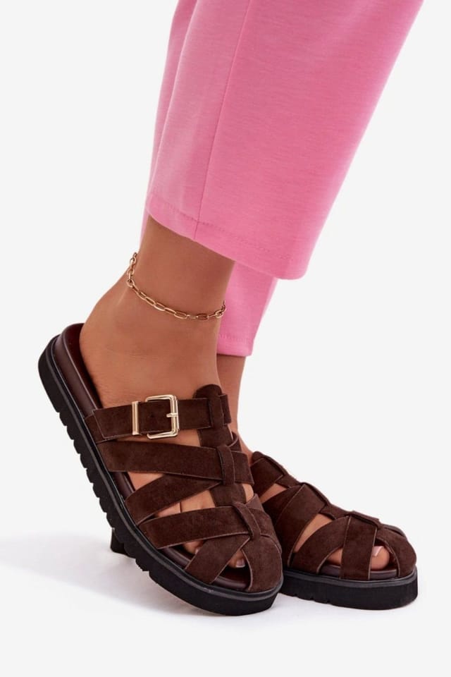 Love Lace Love Lace Women's Comfortable Stylish Suede Platform Flip Flops with Gold Buckle in Brown - 3