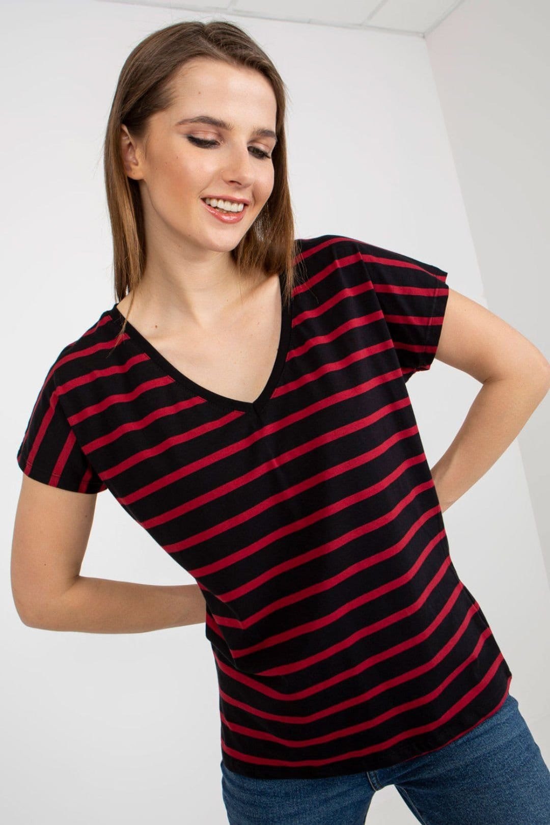 Love Lace Love Lace Women's Striped V-neck Neck Short Sleeve T-Shirt in Black - 1