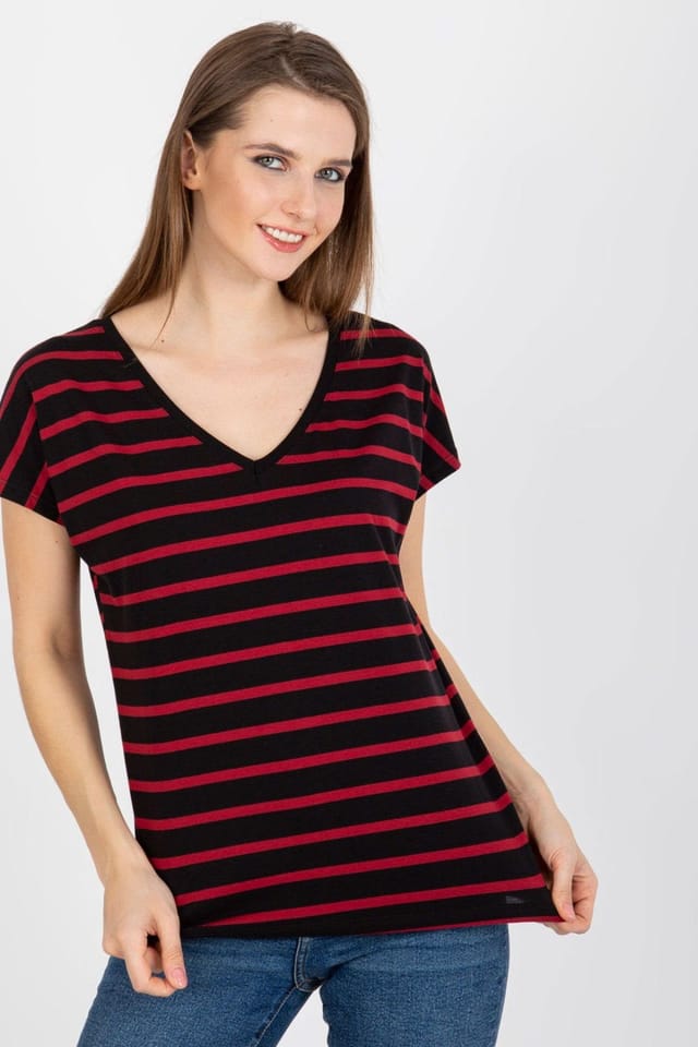 Love Lace Love Lace Women's Striped V-neck Neck Short Sleeve T-Shirt in Black - 2