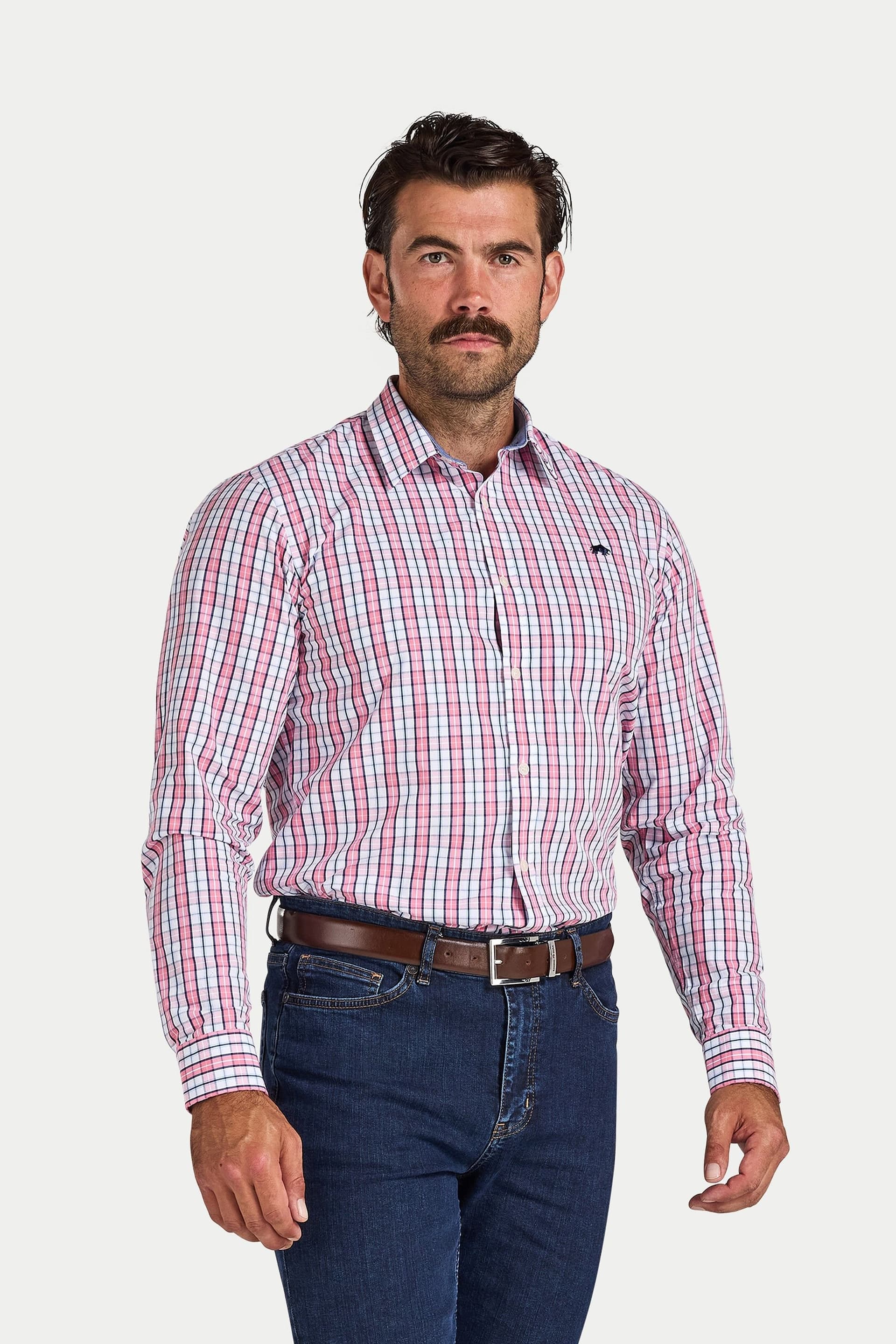 raging bull Raging Bull Men's Long Sleeve Large Check Cotton Poplin Shirt in Pink