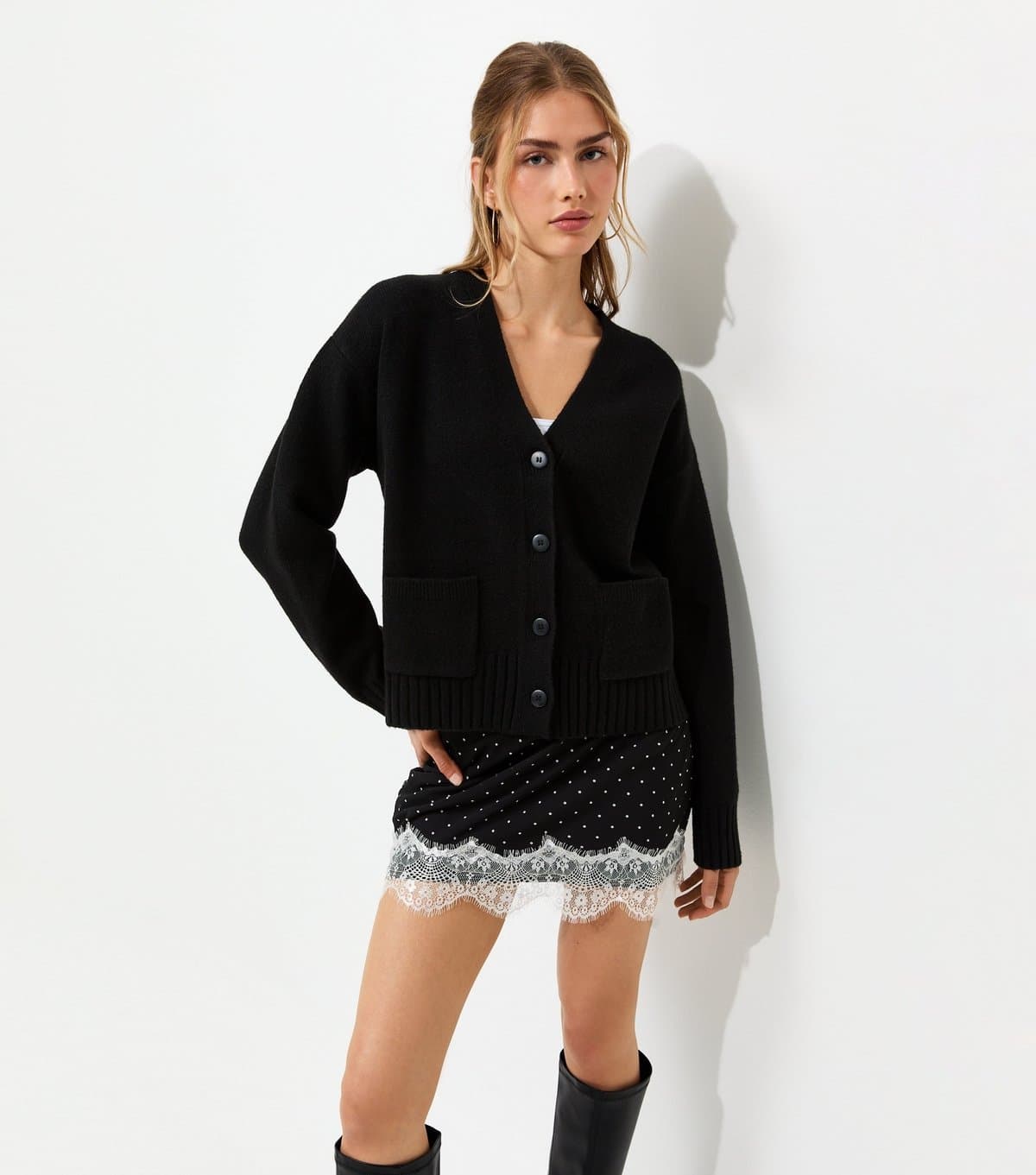 New Look Women's Black Knitted Meet The Jean Pocket Cardigan New Look