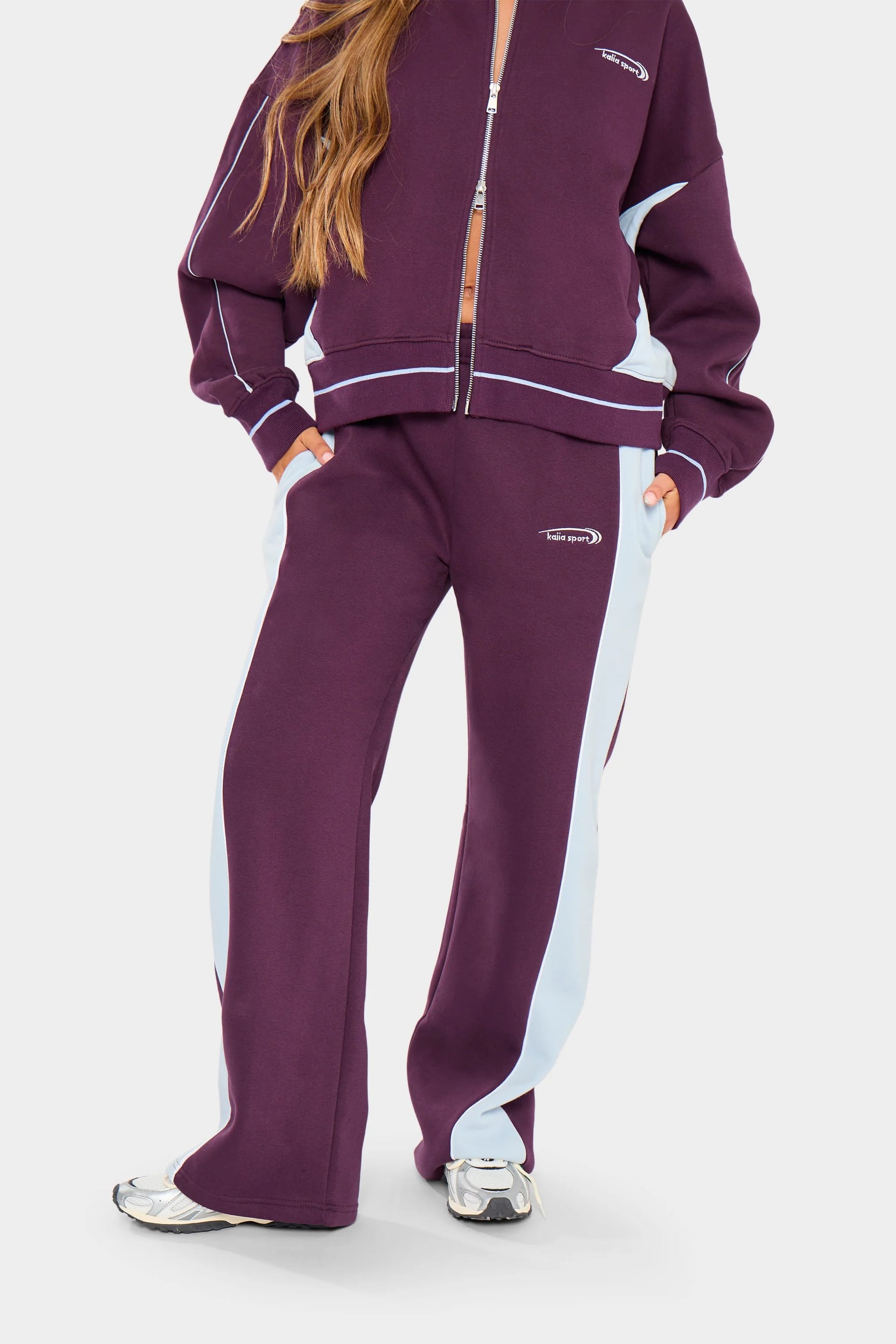 Kaiia Kaiia Contrast Wide Leg Joggers Burgundy & Baby Blue - 4