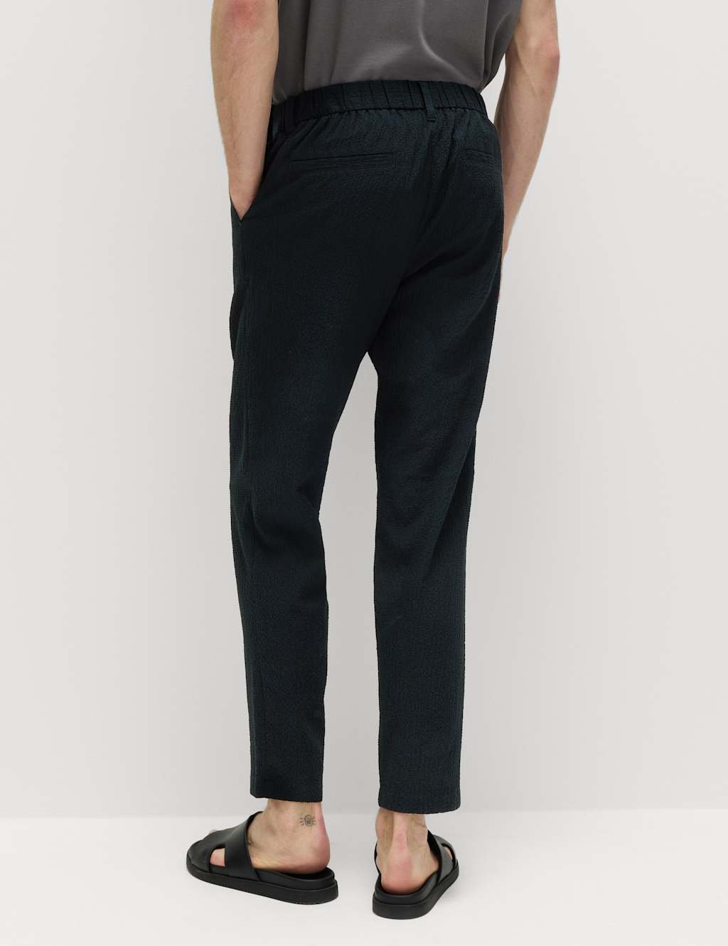 Marks & Spencer M&S Tapered Fit Cotton Rich Seersucker Trousers Black - 3
