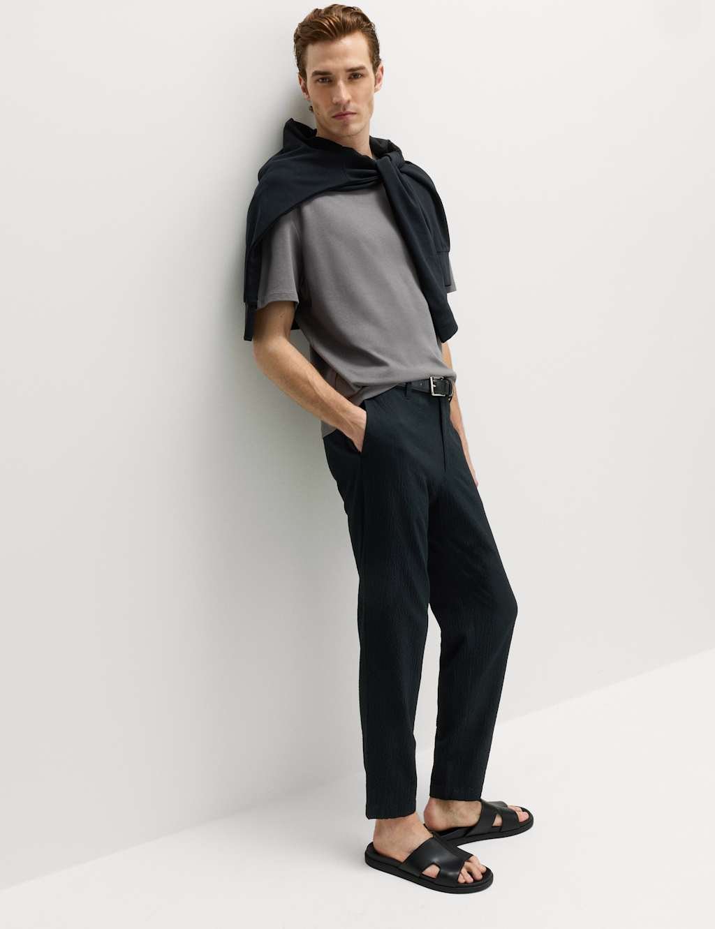 Marks & Spencer M&S Tapered Fit Cotton Rich Seersucker Trousers Black - 4