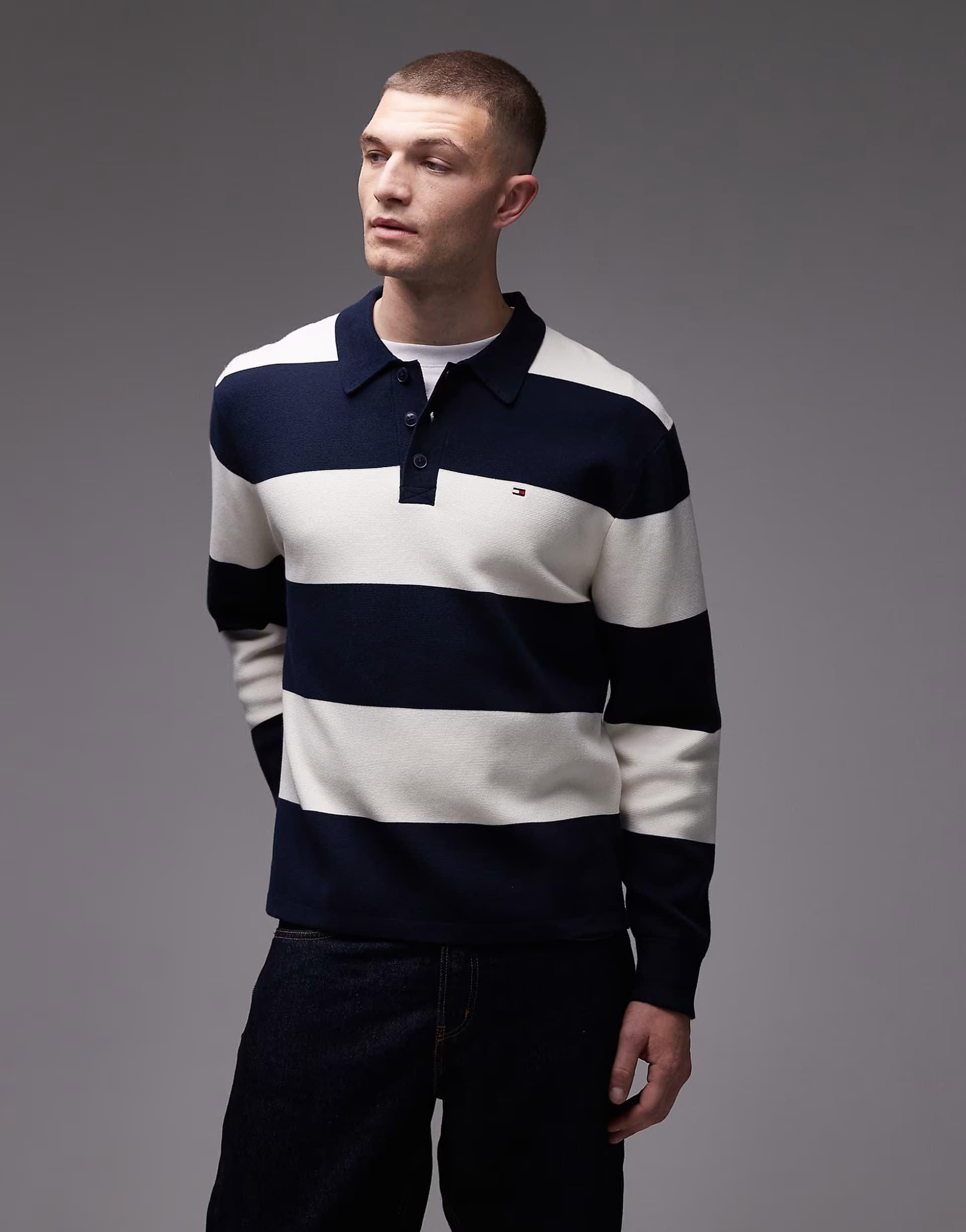 ASOS Tommy Hilfiger block stripe long sleeve rugby polo shirt in navy and cream