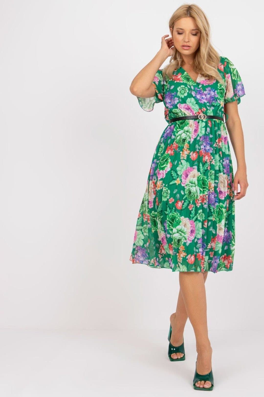 Love Lace Love Lace Women's Floral Summer Dress Envelope Neck Flared Belt in Green