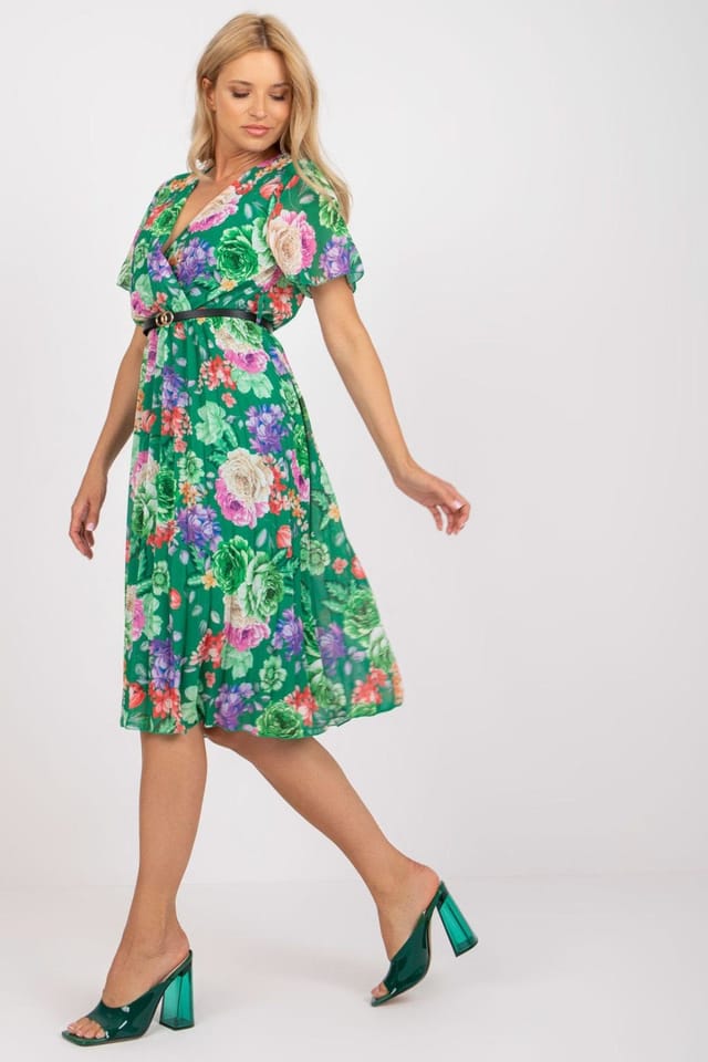 Love Lace Love Lace Women's Floral Summer Dress Envelope Neck Flared Belt in Green - 2