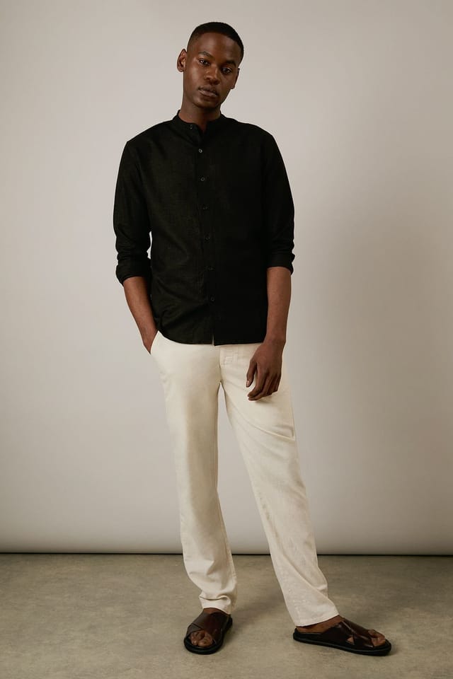 Burton Burton Men's Black Linen Blend Grandad Collar Shirt - 2