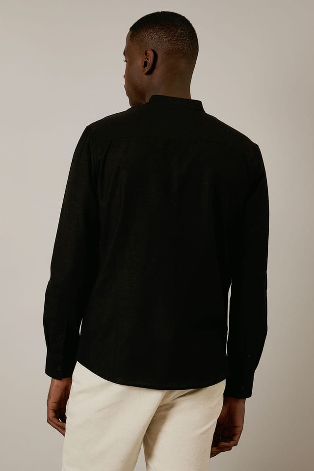 Burton Burton Men's Black Linen Blend Grandad Collar Shirt - 3