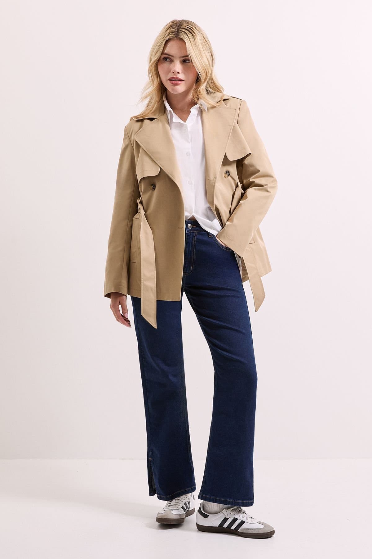 Dorothy Perkins Dorothy Perkins Women's Double Breasted Belted Trench Coat in Stone