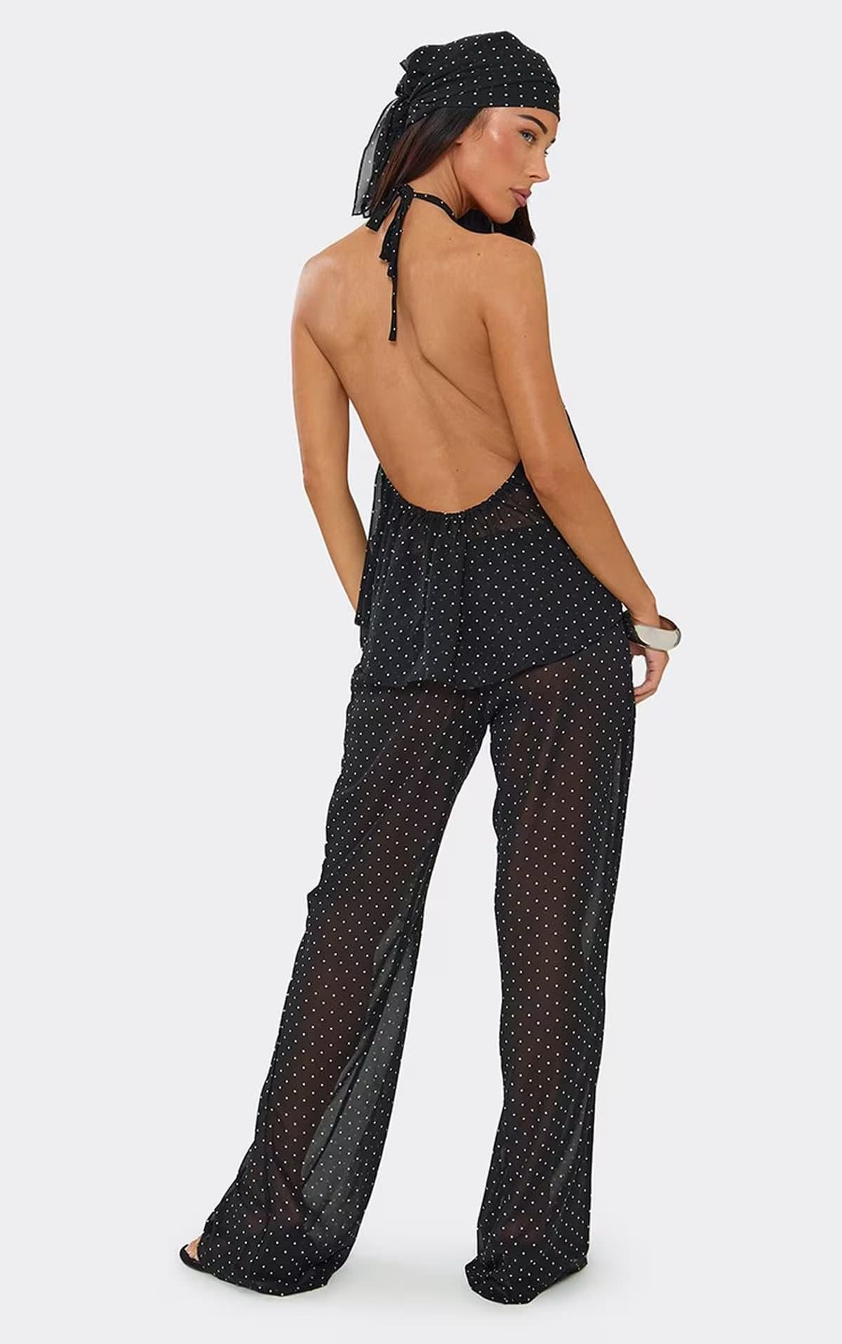 EGO Mid Rise Beach Trousers In Black Polka Dot Chiffon, Women's Size UK 6