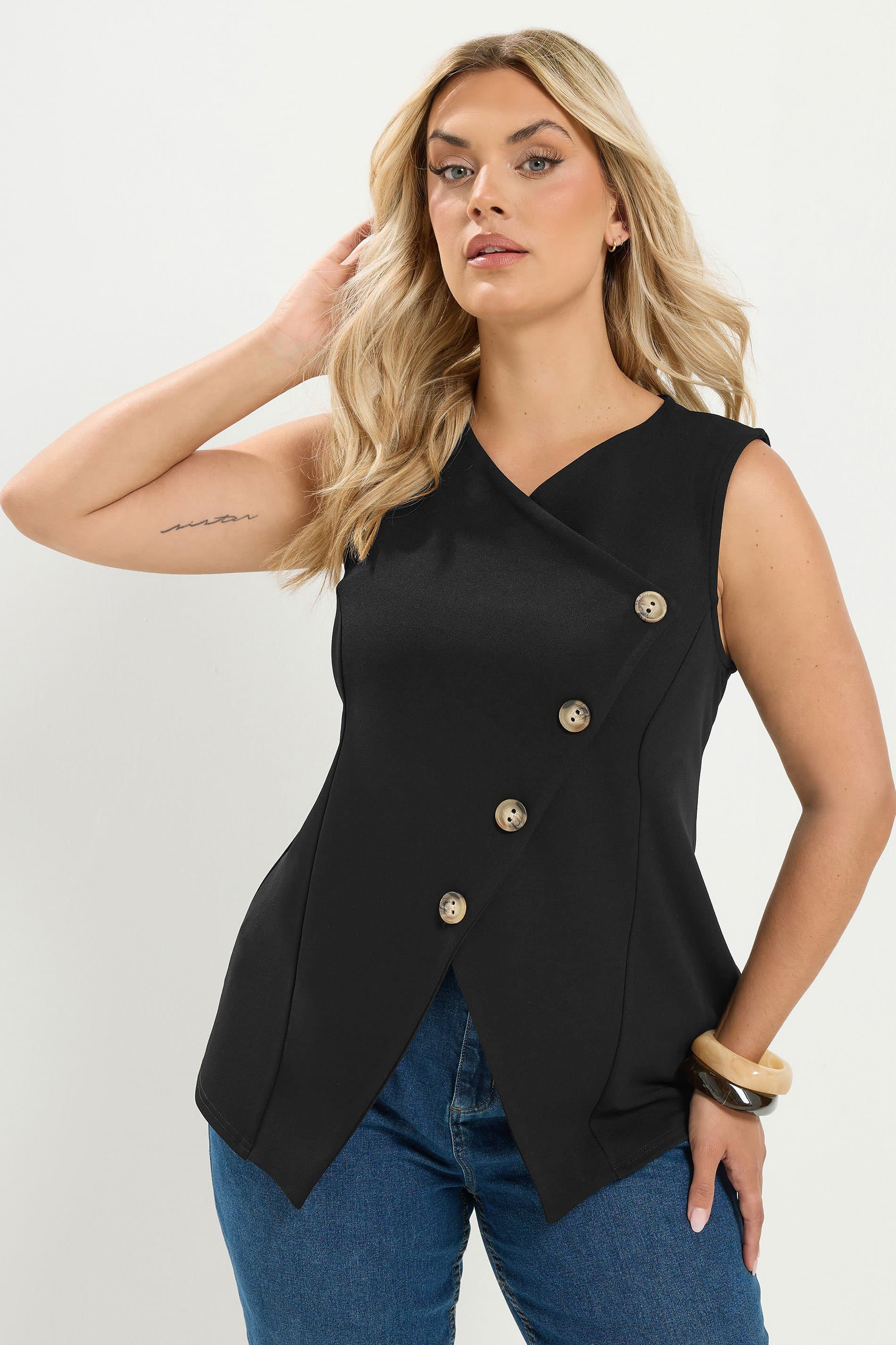 Yours Plus Size Black Asymmetric Button Waistcoat