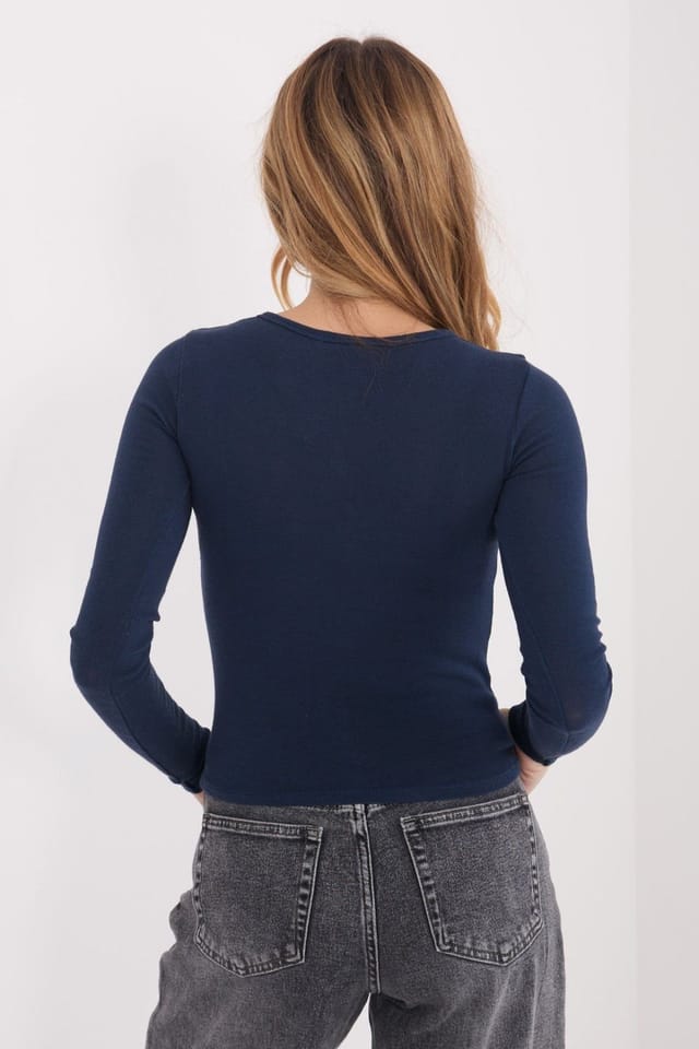 Love Lace Love Lace Women's Fitted Cotton Long Sleeve Blouse with Round Neck in Blue - 3