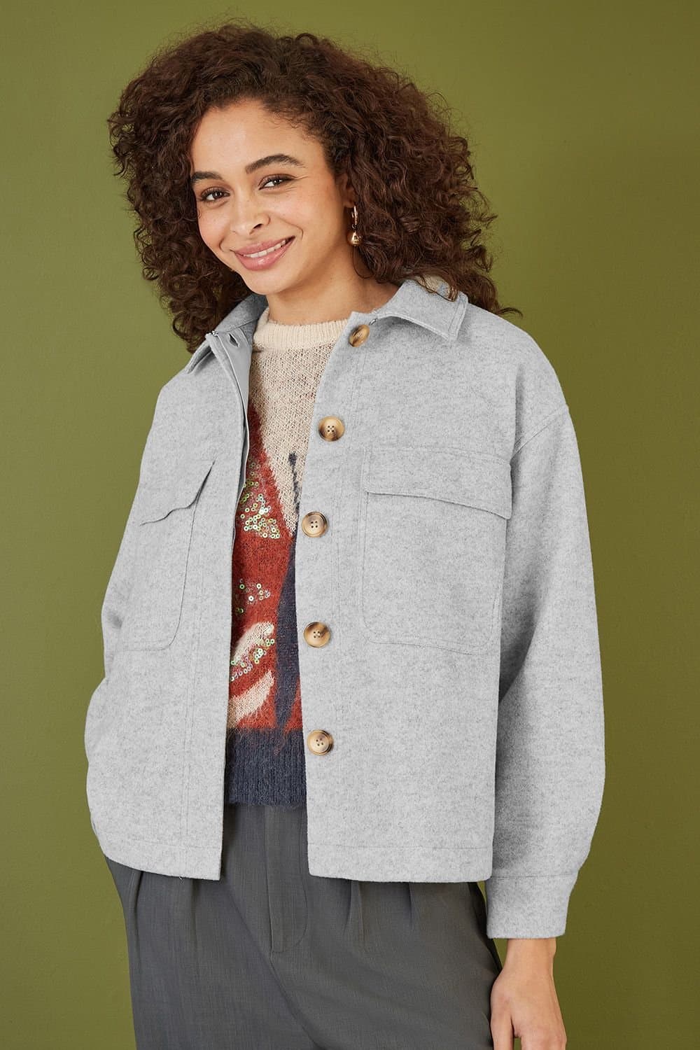 Yumi Yumi Women's Grey Woven Shacket With Oversize Pockets