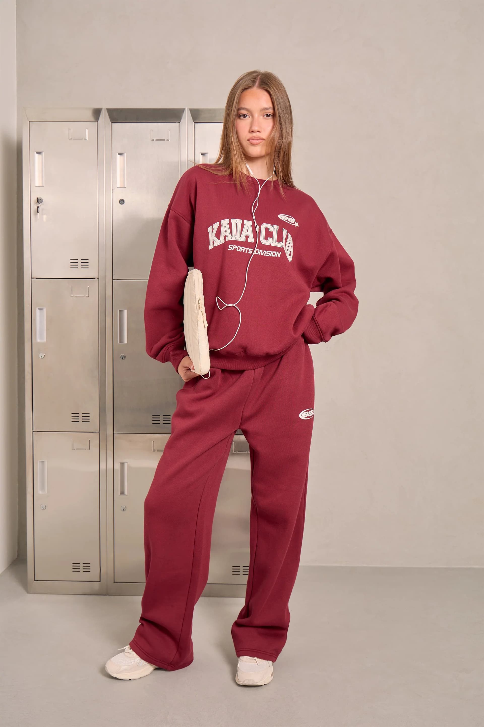 Kaiia Kaiia Club Wide Leg Joggers Red Berry & Off White
