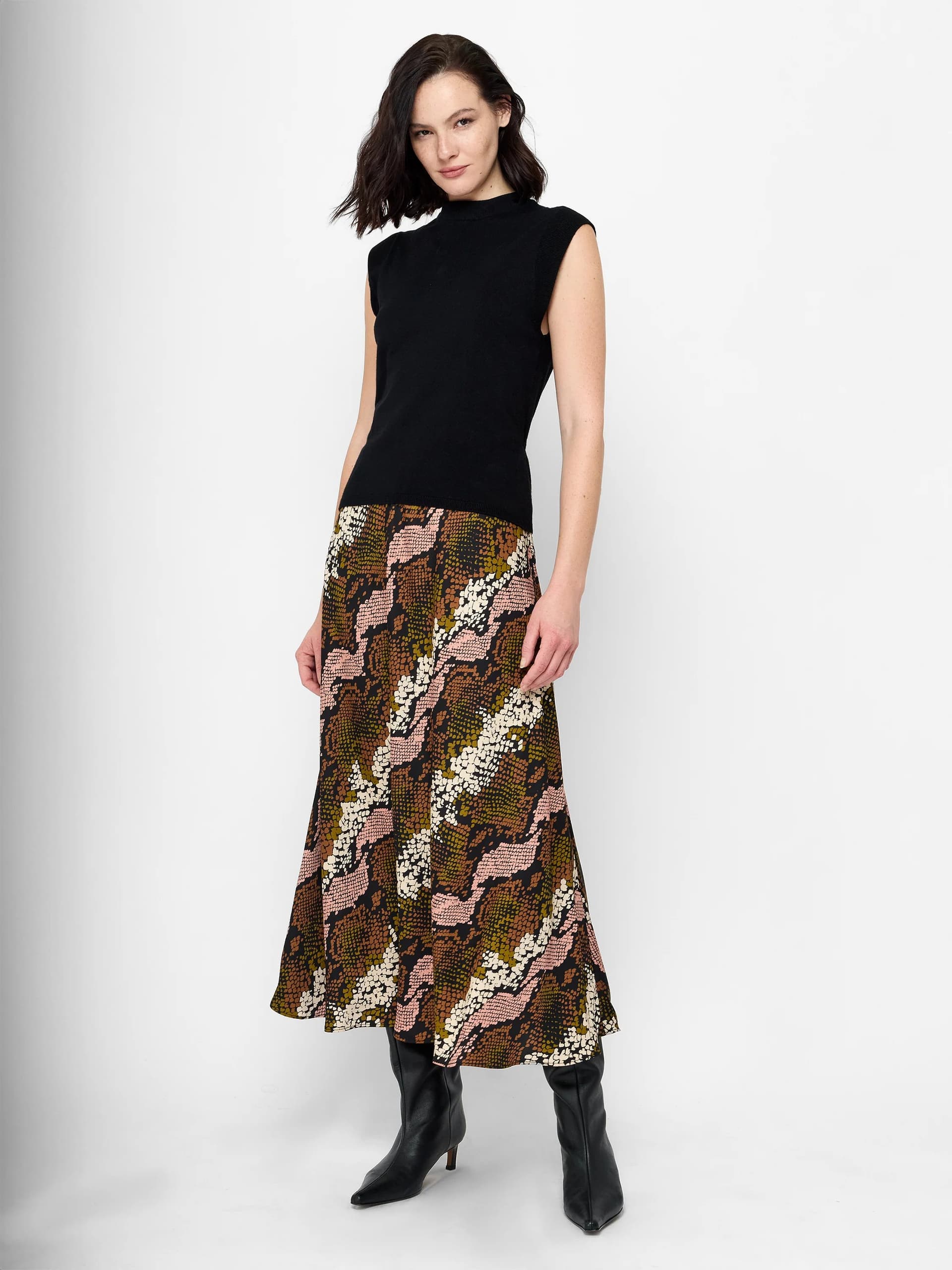French Connection Lola Snake Print Satin Maxi Skirt Black Multi