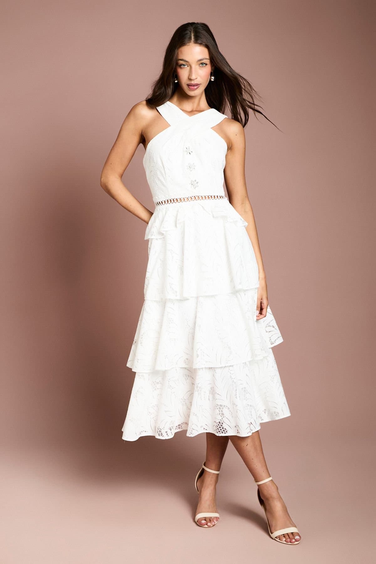 Coast Coast Women's Tiered Lace Cross Halter Neck Button Detail Midi Dress in Ivory