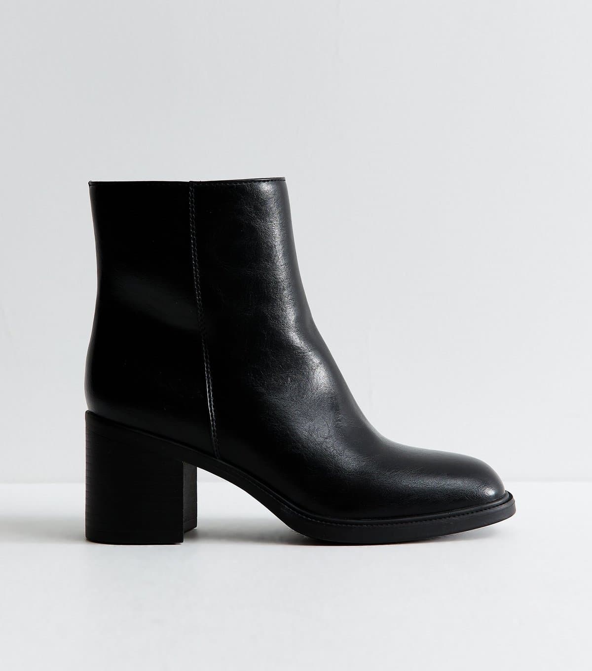 New Look Women's Black Faux Leather Block Heel Square Toe Ankle Boots New Look