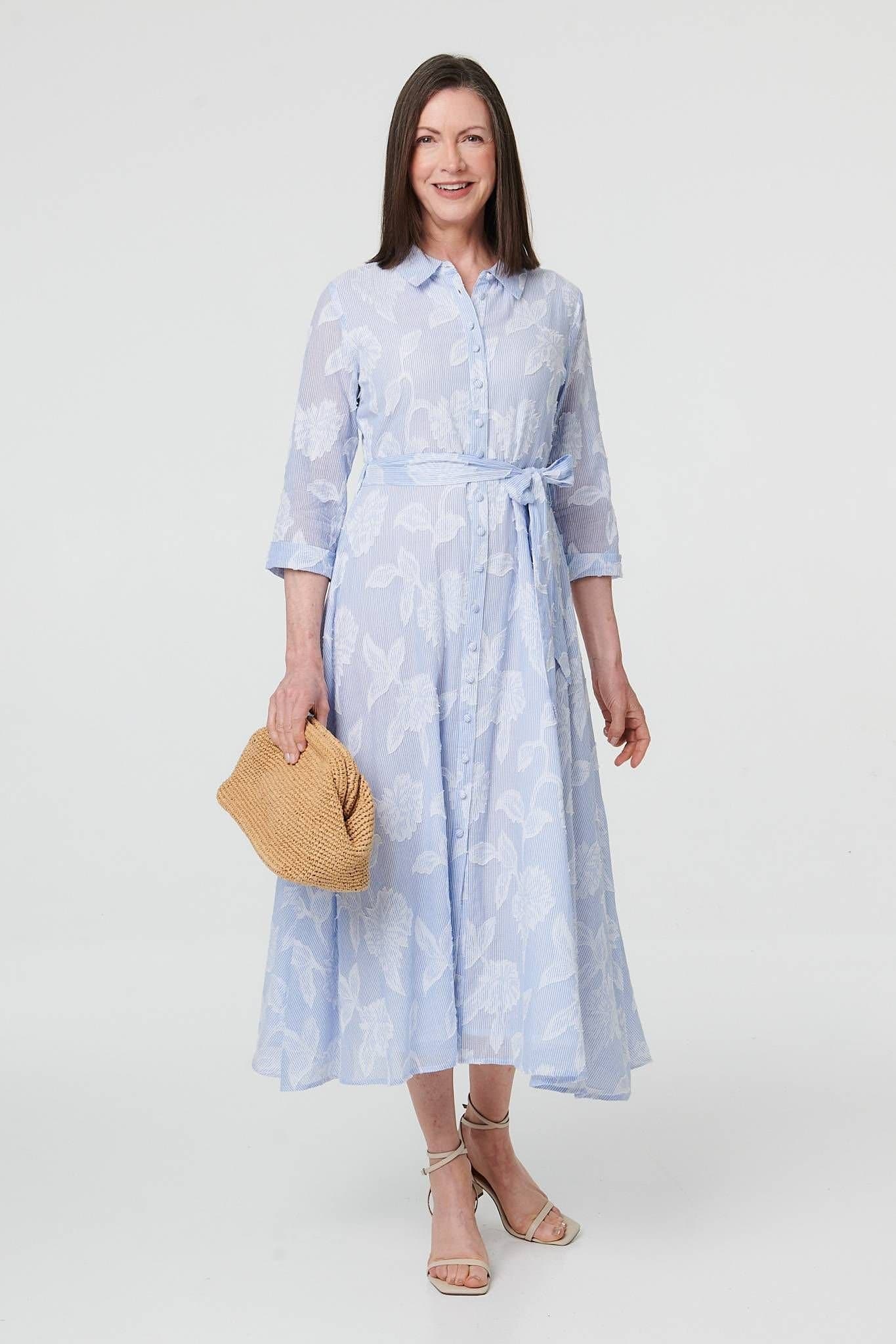Izabel London Izabel London Women's Floral Textured 3/4 Sleeve Midi Dress in Blue