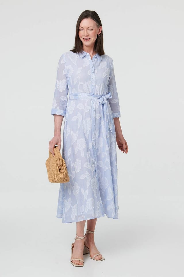 Izabel London Izabel London Women's Floral Textured 3/4 Sleeve Midi Dress in Blue - 2
