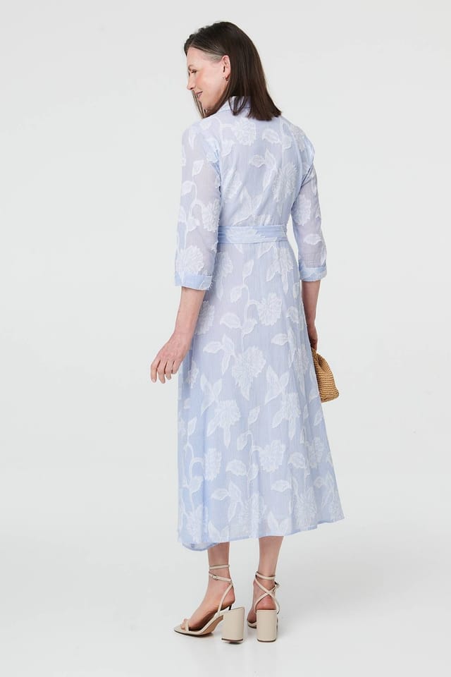 Izabel London Izabel London Women's Floral Textured 3/4 Sleeve Midi Dress in Blue - 3
