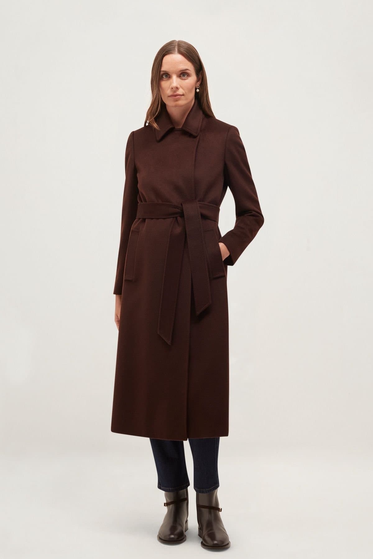 Hobbs London Hobbs London Women's Petite Livia Belted Wrap Coat in Dark Brown